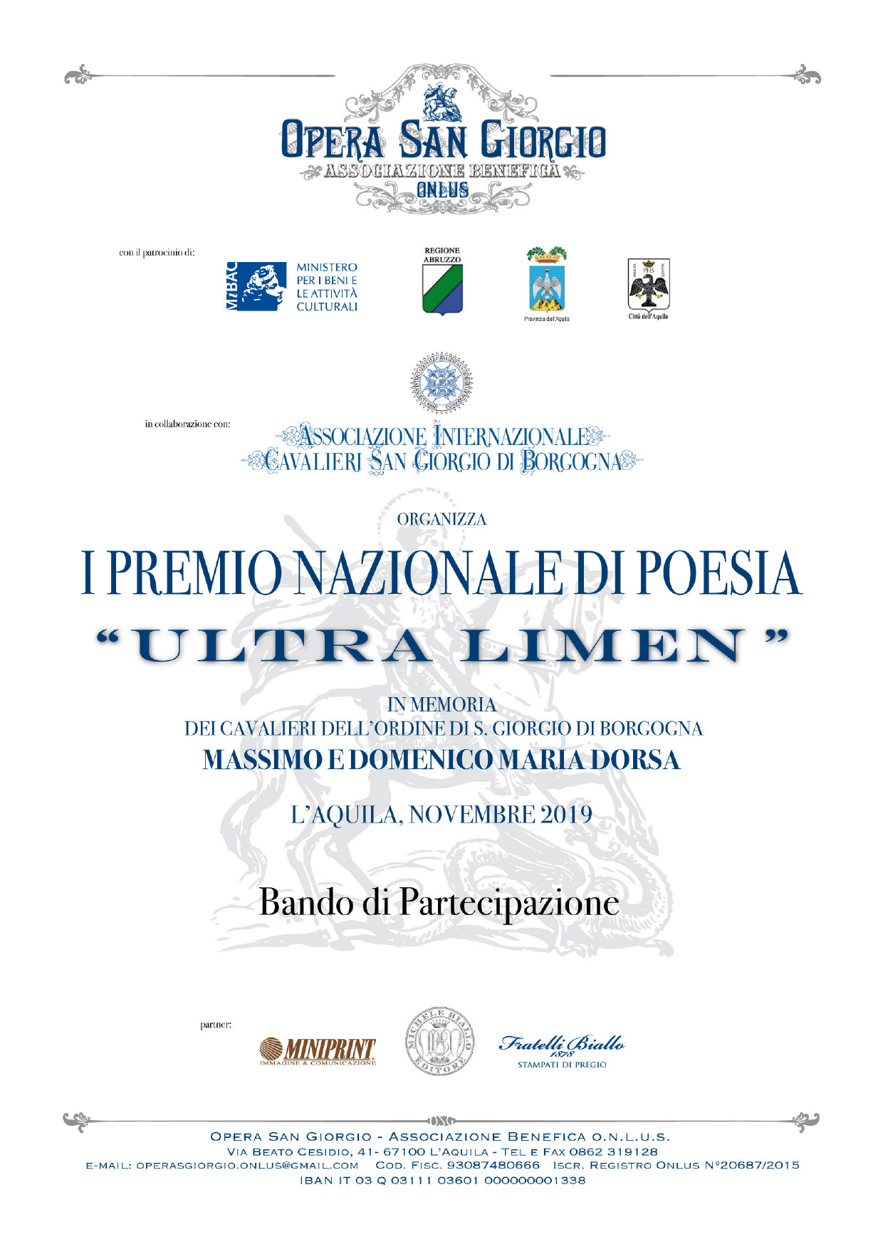 I Premio Nazionale di Poesia "Ultra Limen" in memoria dei cavalieri dell'Ordine di S. Giorgio di Borgogna